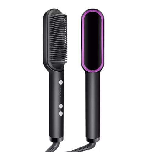 2-in-1 Electric Hair Straightener, Comb, Cutler PTC Heating Brush - Black