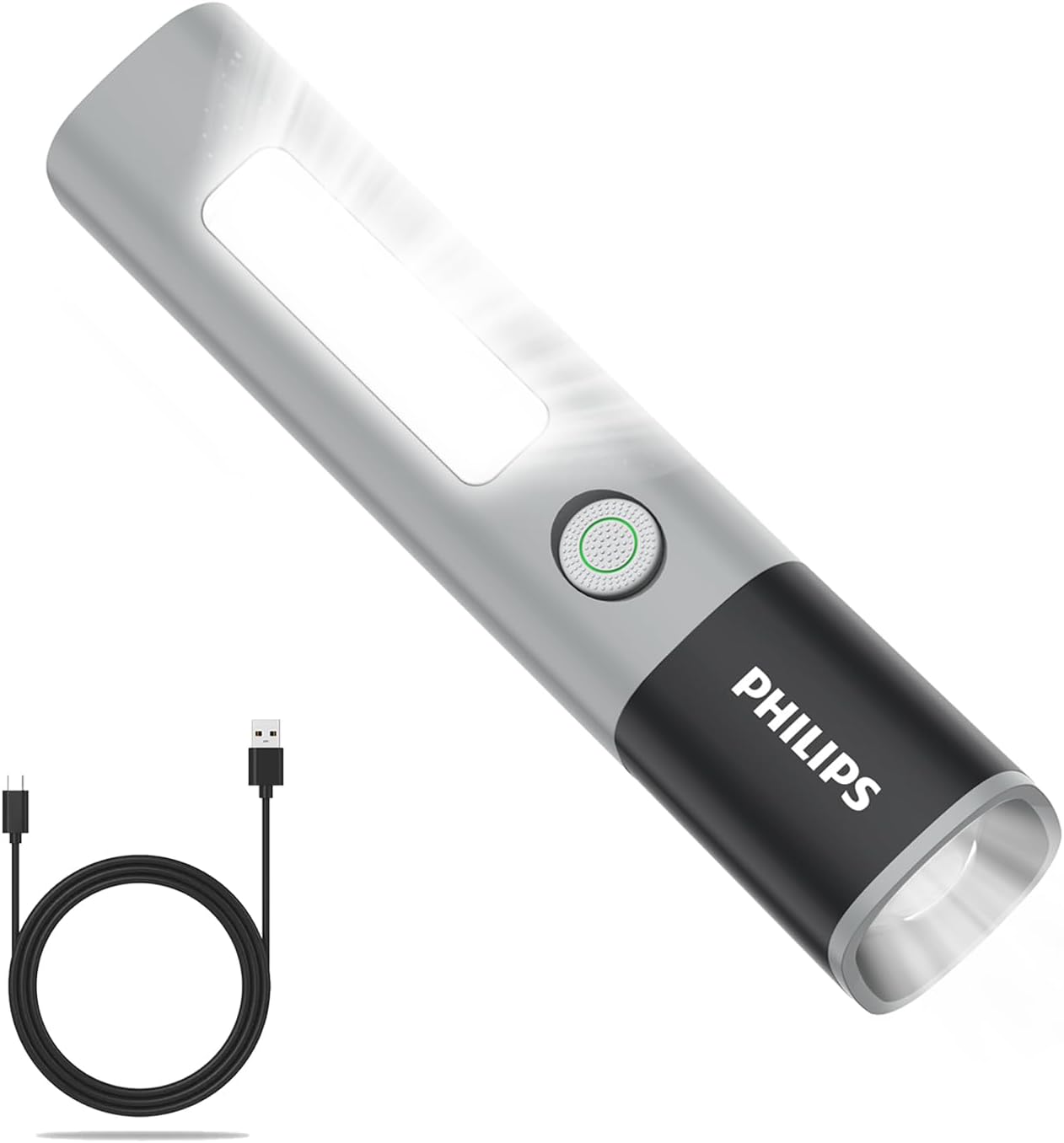 Philips Portable Torch with Camping Light, 200LM LED Flashlight Rechargeable, 4 Lighting Mode, 150M Coverage, Anti-Drop Handheld Flash light for Indoor, Outdoor, Camping, Hiking, Emergency Light