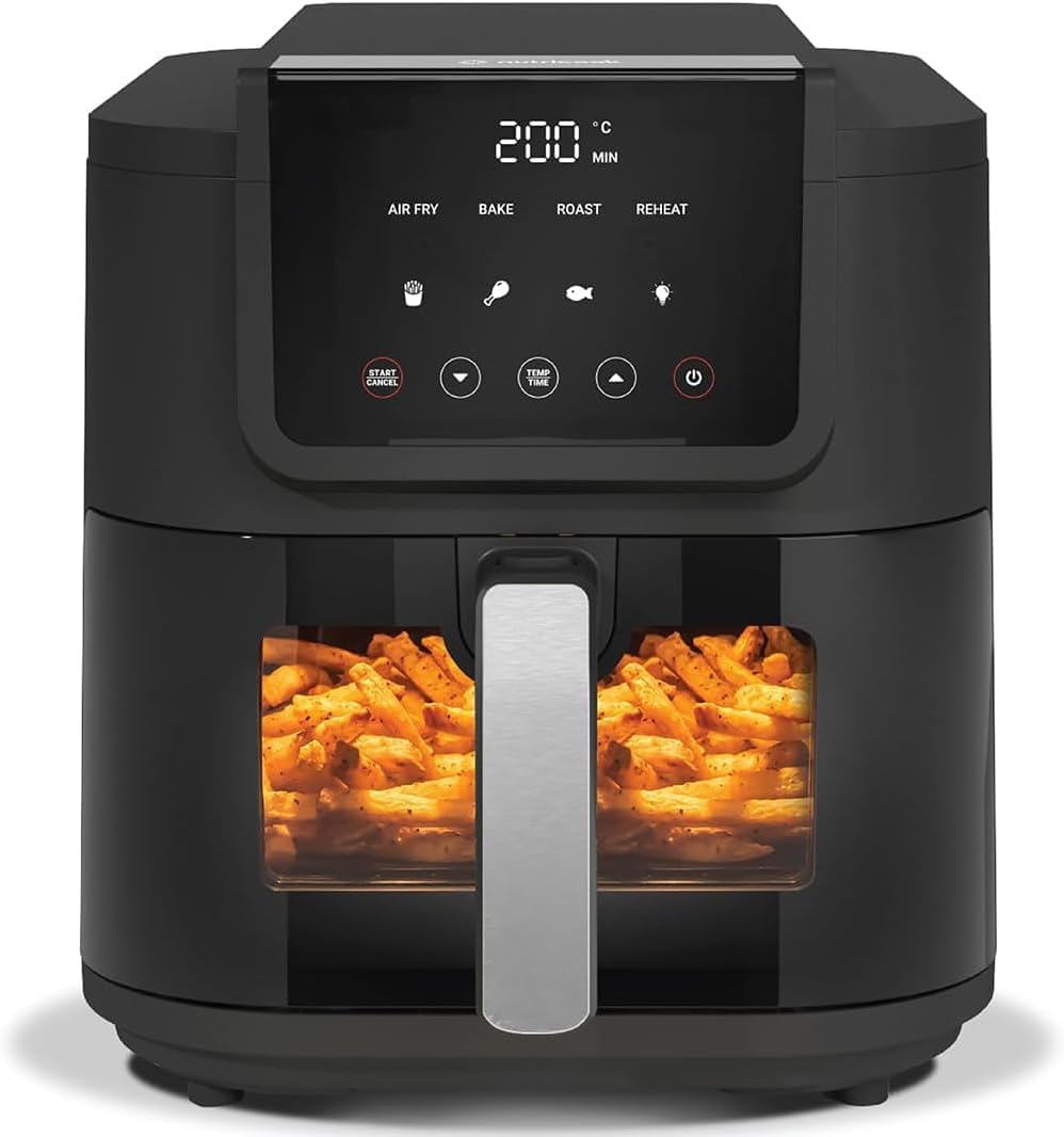 Nutricook 5L Air Fryer Slim, 1KGs, Large Basket, Space-Saving Slim Design, Air Fry, Bake, Reheat, with 5 Presets, Clear Window & Light, AFS100, Black, 1500 Watts, 2 Years Warranty