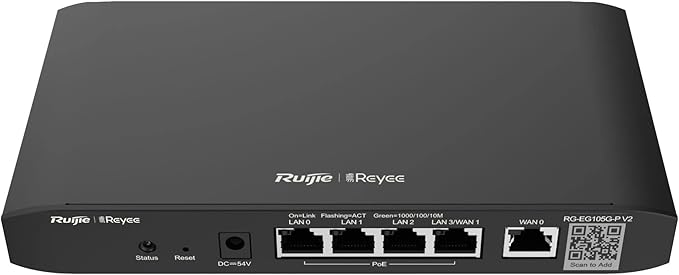 Ruijie RG-EG105G-P V2 5-Port Gigabit Cloud Managed Router, 802.3af/at PoE-Out On LAN1-4, 600Mbps Max Throughput, Dual Core 880MHz CPU, 100 Competitor Users