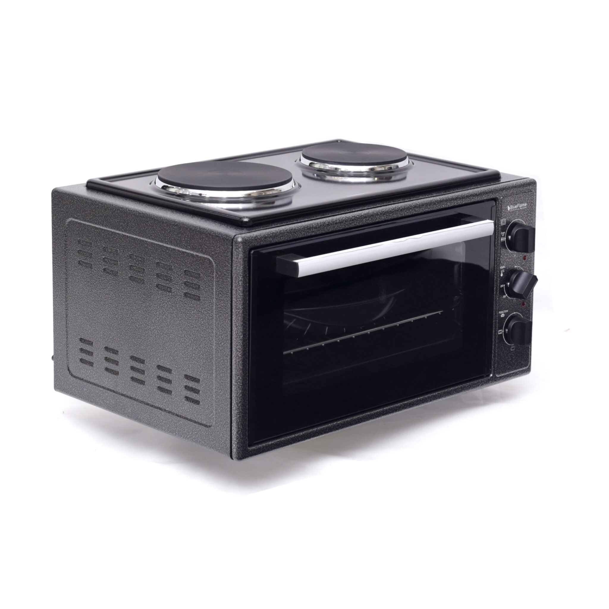 Blueflame 45 Liters Electric Mini Oven With Two Hot Plates / Hobs, Thermostat, 2 Trays With Lamp, Up And Down Heating Function 45302-L – Black