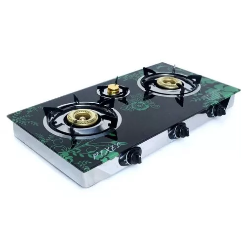 Pixel 3 Burner Tempered Glass Gas Stove With Automatic Ignition -Black