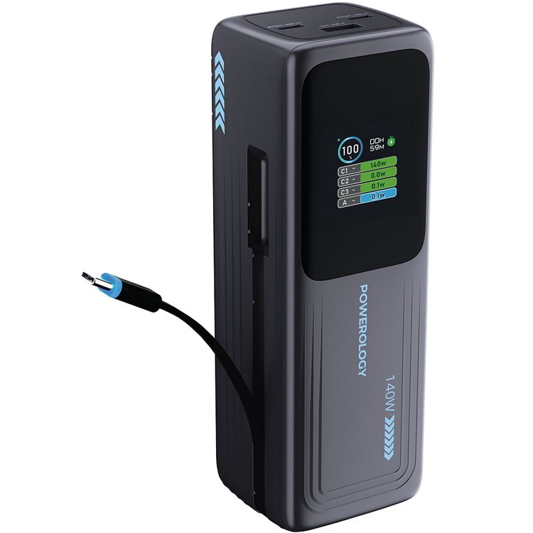 Powerology Thunderamp 30000mAh Power Bank with Intelligent TFT Screen, Ultra-Fast Charging, Multi-Device Charging, Laptop Charger, PD 140W - Gray