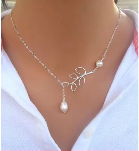 New 925 Sterling Silver Fashion Jewelry Pearl Leaf Short Necklace - Silver