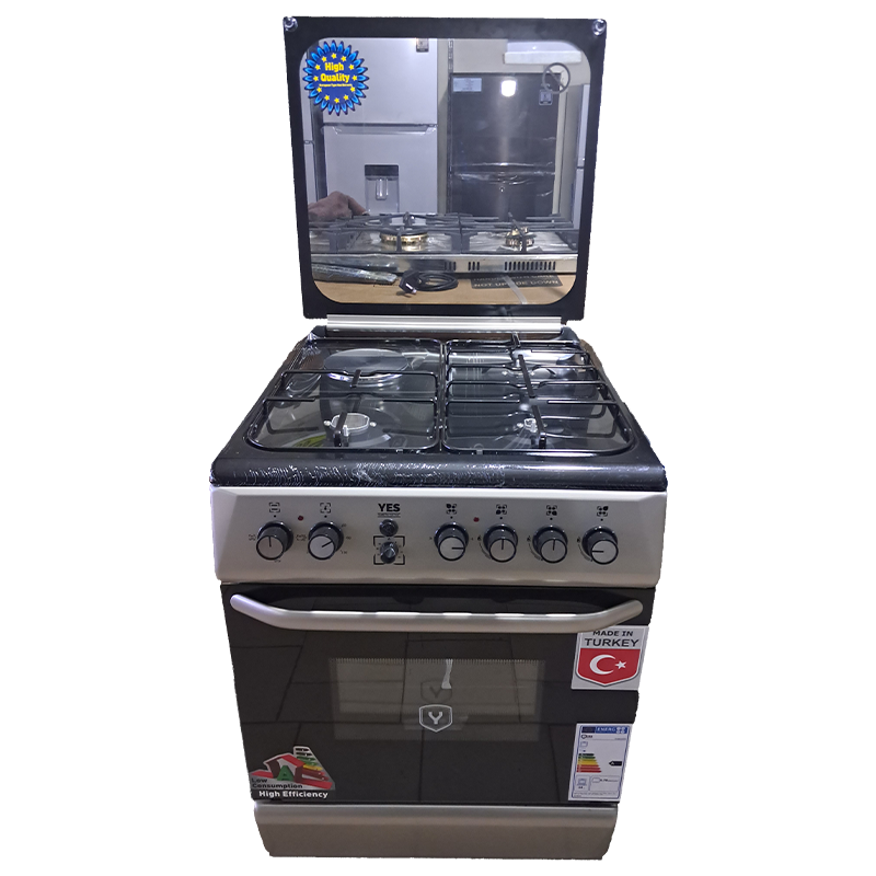 YES Cooker 3 - Gas Burners + 1 Electric Plate, 60x60cm YS-6631GTF; Electric Oven & Grill, Auto Ignition, Oven Fan, Rotisserie, Timer - Silver