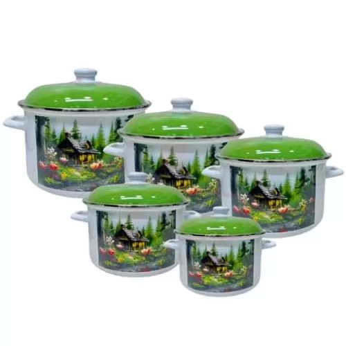 5 Pieces Mountain Cabin Enamel Cooking Stockpot Cookware Set Soup Bowls Serving Dishes With Lids And Handles- Multicolor
