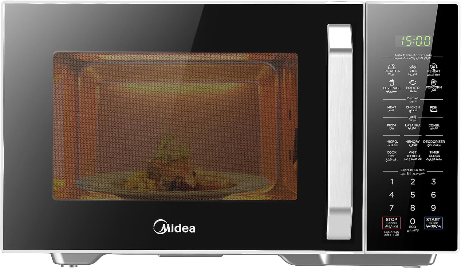 Midea 25L 2-in-1 Microwave Oven with Grill, Digital Touch Control, Child-Safety-Lock, 11 Pre-programmed Menus, LED Display, Grilling Roasting & Cooking Functions, Full Glass Finish - EM8P022MOB