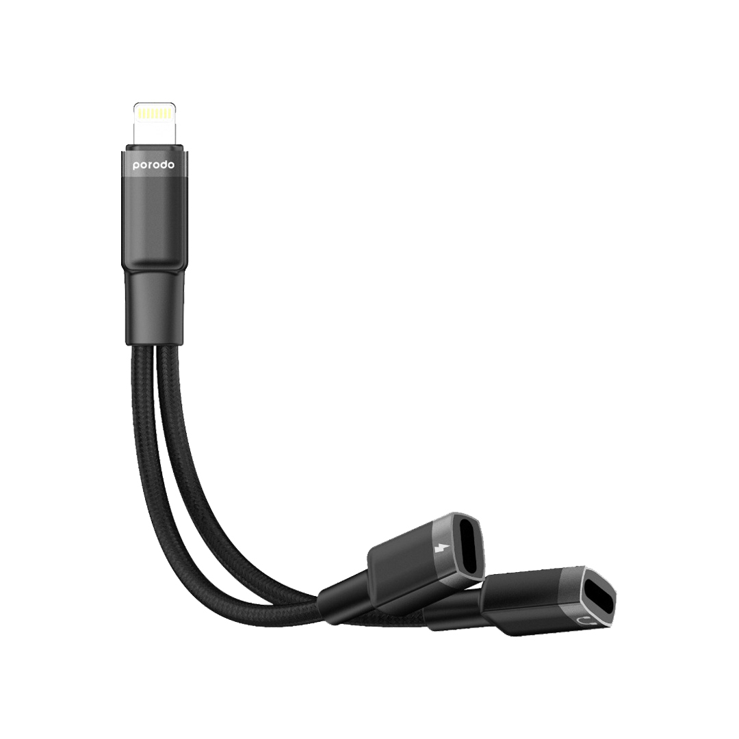 Porodo 2-in-1 Lightning to 2-Lightning Jack Headphone and Charging Converter Adapter