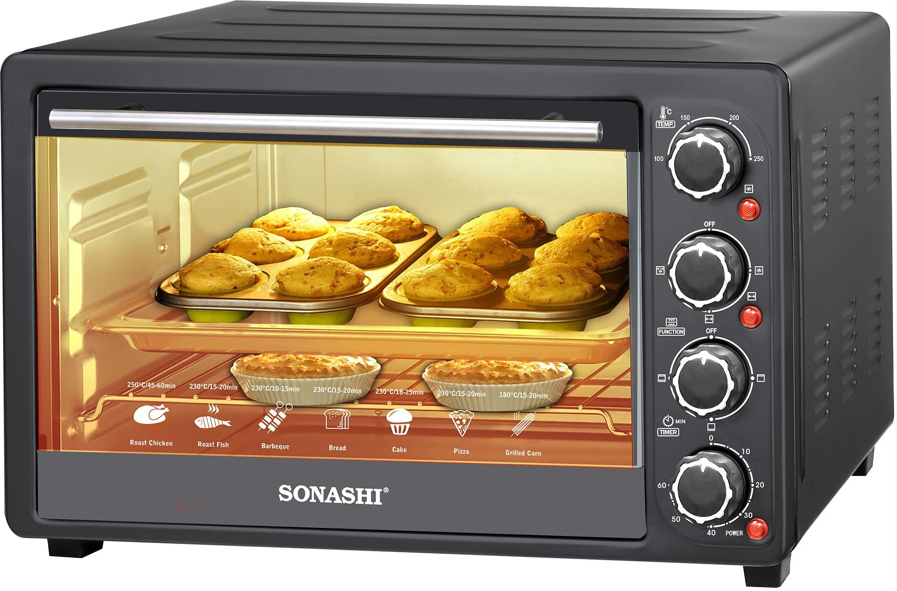 Sonashi STO-731 36 Liters Electric Oven w/Indicator Light, Inside Lamp, Cooking Accessories, Adjustable Temperature, Timer