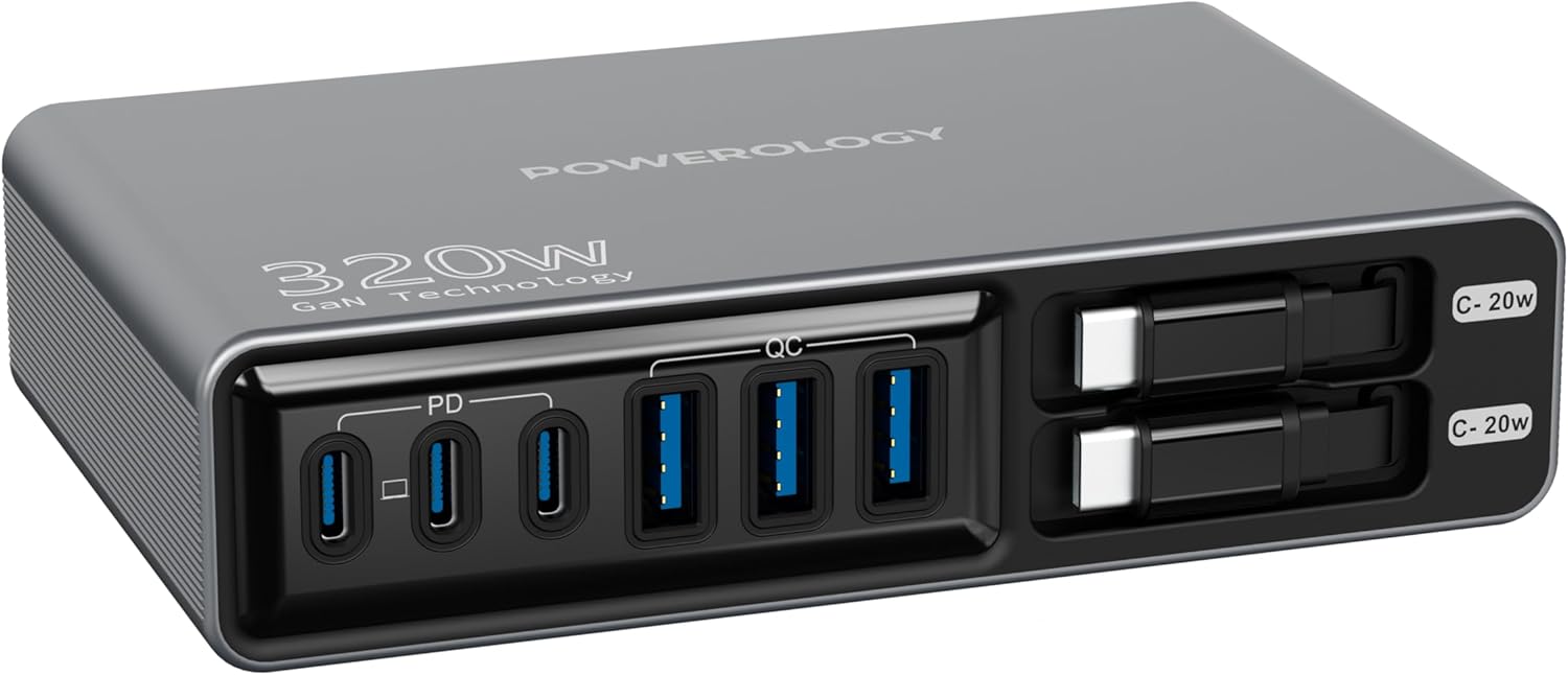 Powerology Univo 320W GaN Charging Station, PD 100W, Laptop Charger, 2 Built-in Type-C Cable, 3×USB-C/ 3×USB-A Ports, Multi-Device Charging, Smart Charging Technology - Black