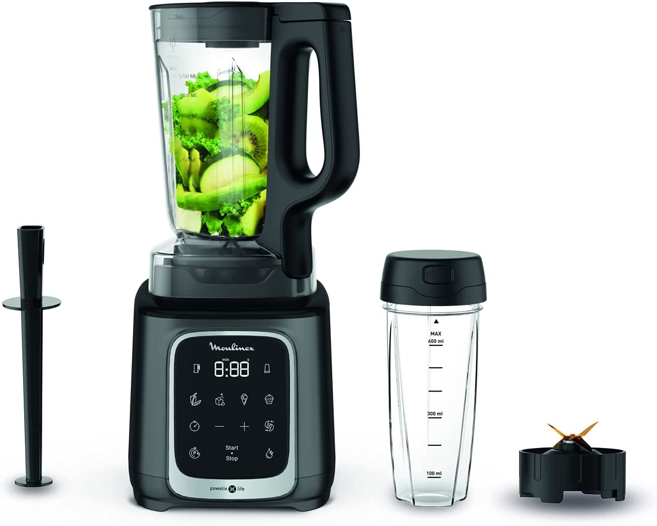 Moulinex Infinymix+ 1.7 Litre High Speed Blender With 600 ml Travel Cup, Powelix Life Pro Blades, 5 Auto Programs, 1600 Watts, Tritan Jar, Black, Lm91Hd27