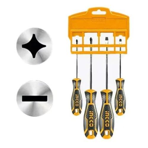 INGCO 4 Pcs Screwdriver Set 1pcs HKSD0428 SL5X100mm 1pcs SL6X150mm 1pcs PH1X100mm 1pcs PH2X150mm