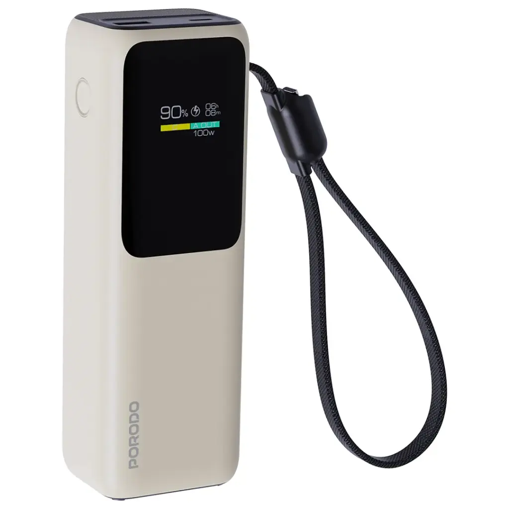Porodo 20000mAh Power Bank with Built-In Type-C Cable, Smart TFT Display, 1×USB-A Port [QC 22.5W], 1×USB-C Port [PD 100W], Fast Charging Powerbank, Compatible with iPhone 17/16/15, S25/S24/S23 - Beige