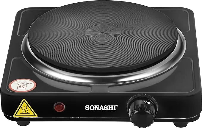 Sonashi SHP-612 Single Electric Hot Plate 1 Hot Plate, On/Off Indicator Light, Plastic Knobs, Non-Slip Rubber Feet