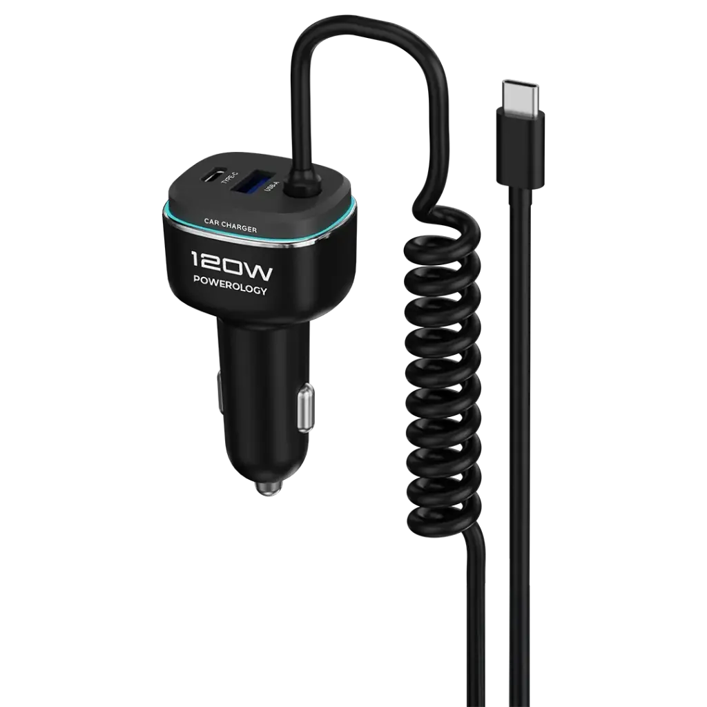 Powerology 120W Fast Car Charger / Triple Output USB-C PD 45W + USB-A QC 30W + Type-C Cable 45W / Stretchable Cable 0.3–1.2m / Zinc Alloy Body with LED Light / Compatible with iPhone / Samsung / iPad 