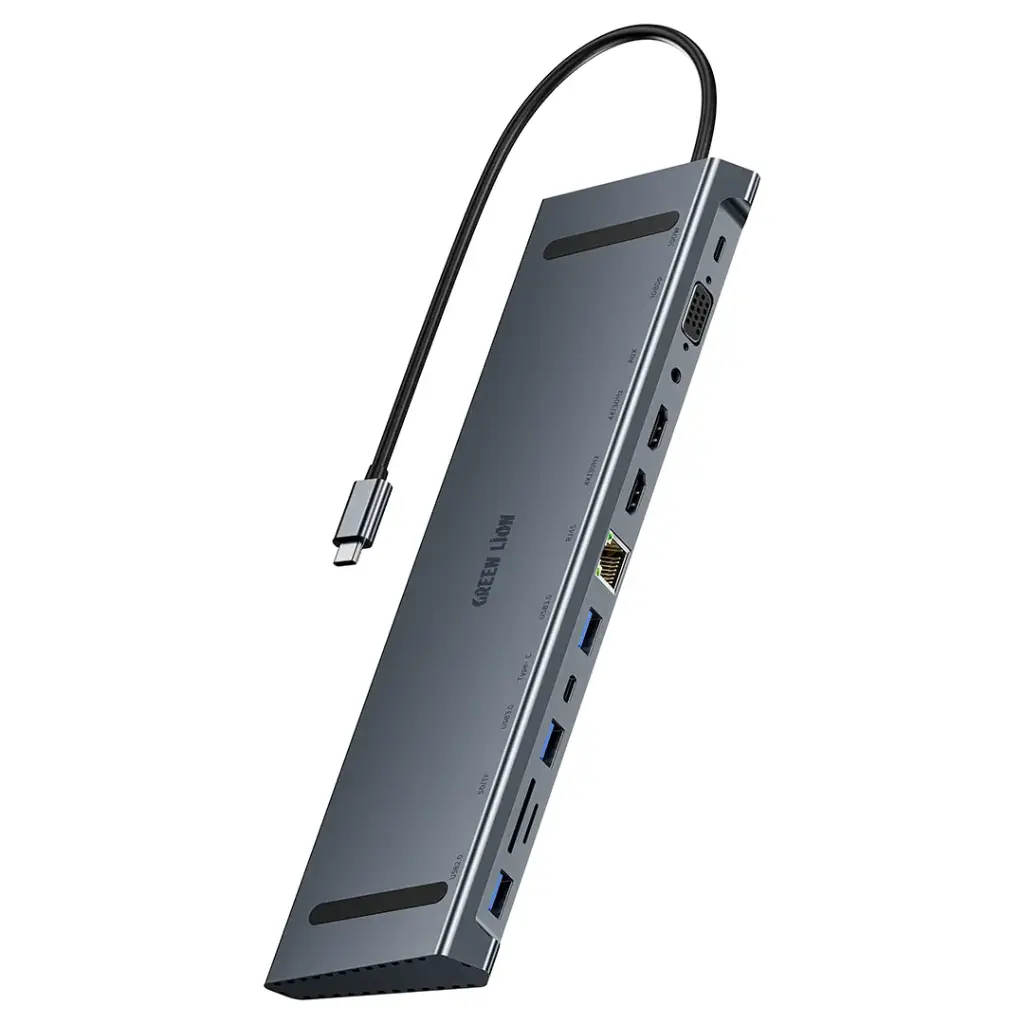GREEN LION 12 in 1 USB-C Hub with Dual 4K HDMI Ports & 100 Mbps Fast Ethernet / PD 100W Fast Charging Type-C Port / 3 USB-A Ports / VGA Port / 3.5mm Audio Jack / SD & TF Card Input / Aluminum Alloy Ma