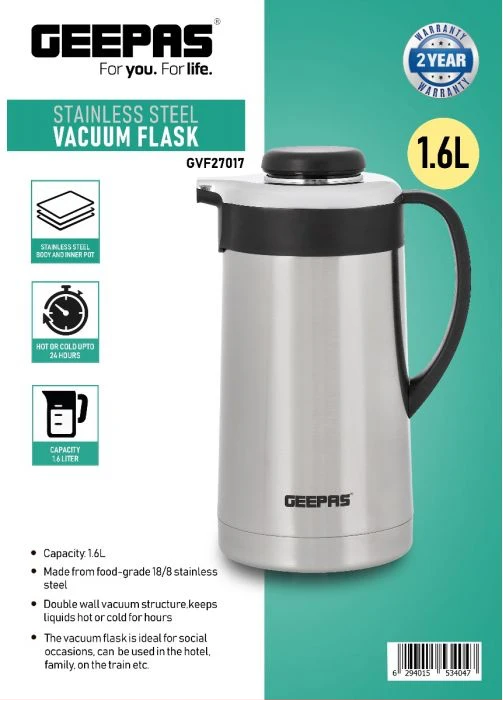 Geepas 1.6L Stainless Steel Vacuum Flask, Double Walled Airpot,GVF27017