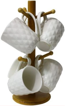 6 Pieces Of Tea Coffee Cups Mugs On Wooden Stand - White