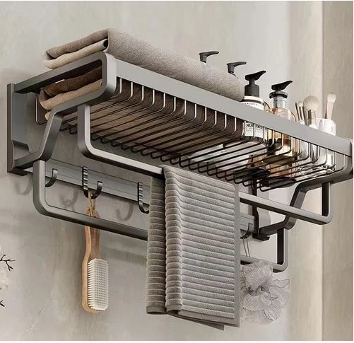 Wall Mounted Kitchen Bathroom Towel Rack Basket Shelf Storage Holder Organizer With Double Bars And Hooks- Black