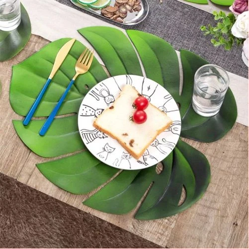 6 PC Leaf Basket Leather Placemat For Dinner Table, PU Woven Table - Green.
