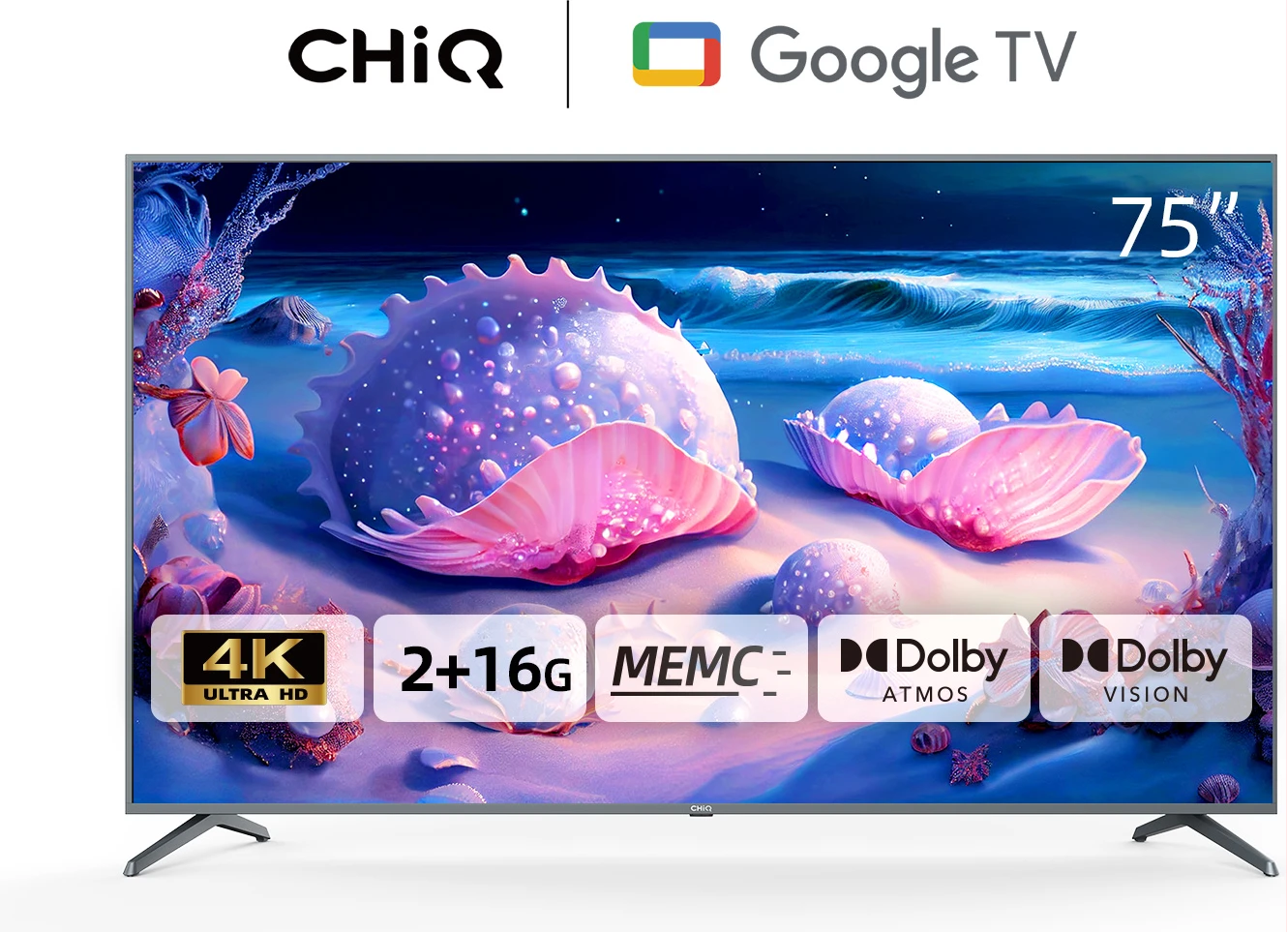CHiQ 75 - Inch  UHD 4K Smart TV U75F8TG; Google TV, Android 11, Bluetooth, USB, HDR10, HLG, Netflix, Youtube, With Inbuilt Free To Air Decoder - Black (3YRs WRTY)