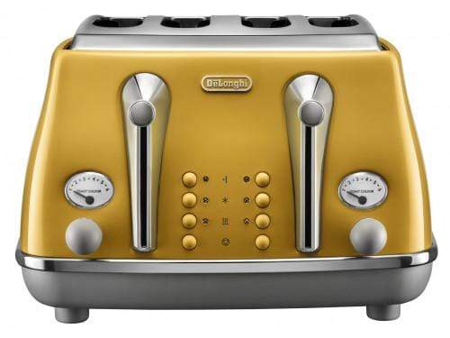 De'Longhi Icona Capitals Yellow Vintage Style 4 Slice Toaster, 6 Browning Levels, 4 Extra Wide Bread Slots, Defrost and Reheat Functions, Removable Crumb Tray, CTOC4003.Y