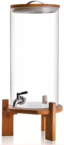 10L Glass Drinks Dispenser Jar With Tap, Spigot, Lid And Wooden Stand for Hot or Cold Beverages- Clear