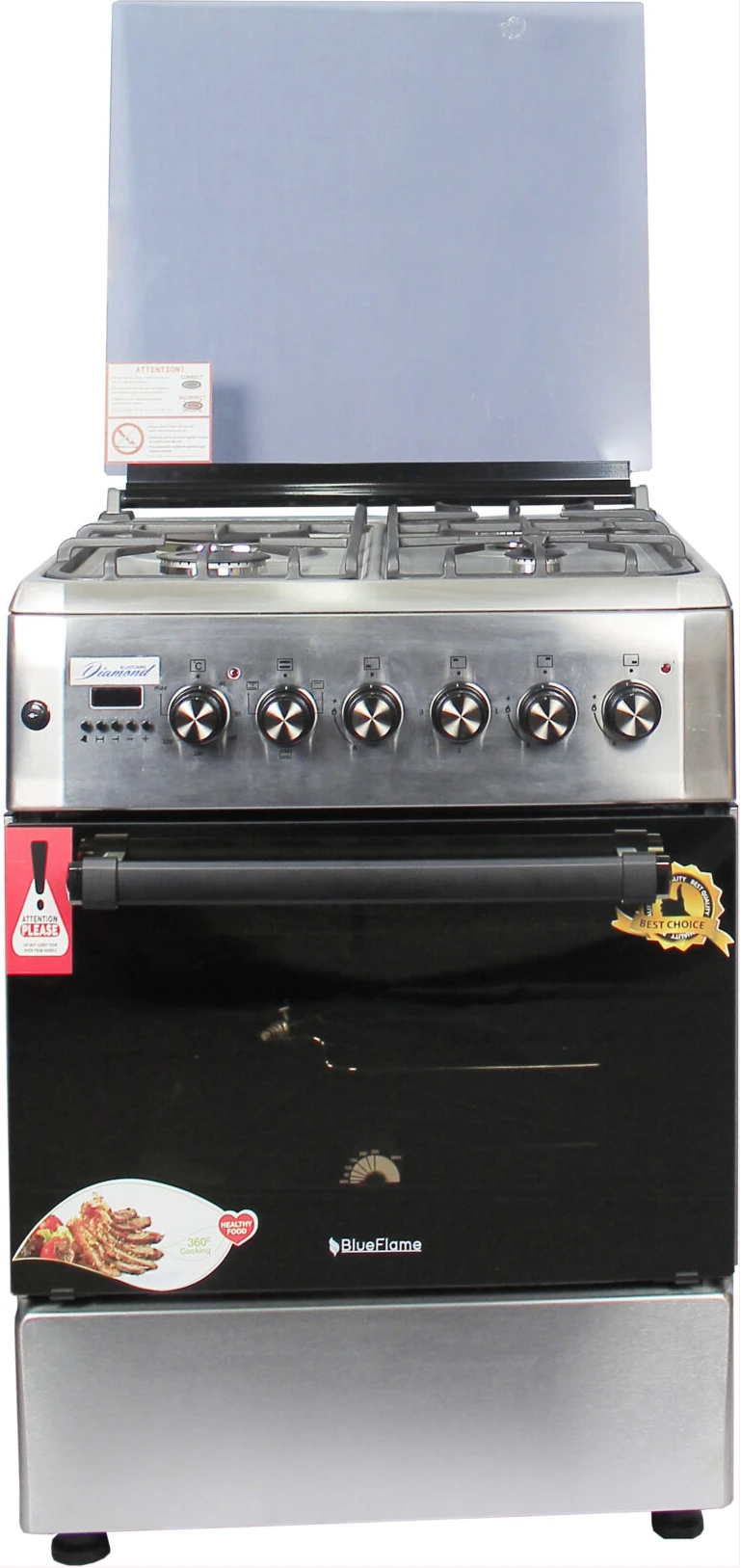 Blueflame 60x60cm Diamond Cooker; 3 Gas and 1 Electric Hotplate D6031ERF; Electric Oven & Grill, Digital Timer, THermostat, Oven Lamp, Cast Iron Pan Supports, Rotisserie, Auto Ignition – Inox