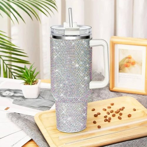 40 Oz Bling Tumbler With Handle Rhinestones Tumbler With Lid and Straw Fix for Car Cup Holder Insulated Stainless Steel Double Wall Water Cup Travel Mug Tumblr For Women