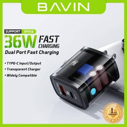 BAVIN Transparent 36W Quick Charge 3.0 With TYPE C USB Dual Ports with PD Fast Charging compatible With All Portable Mobile Phone Wall Fast Phone Charger- Multicolor