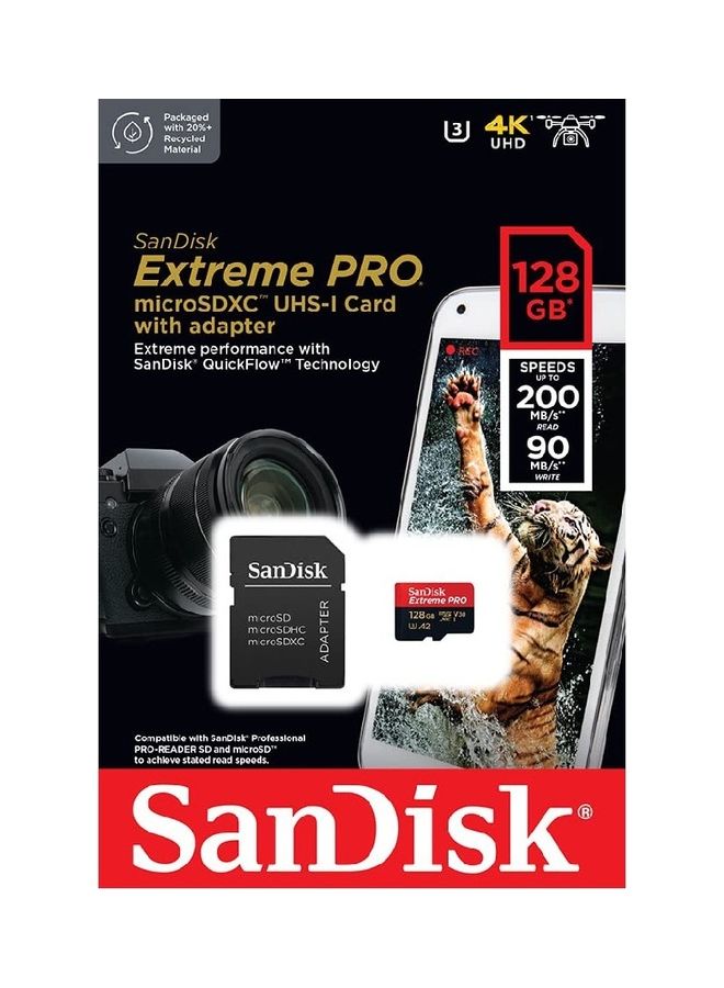 Sandisk Extreme Pro 128GB MicroSDXC UHS-I, 200MB/s Read, 90MB/s Write Memory Card With Adapter 128 GB