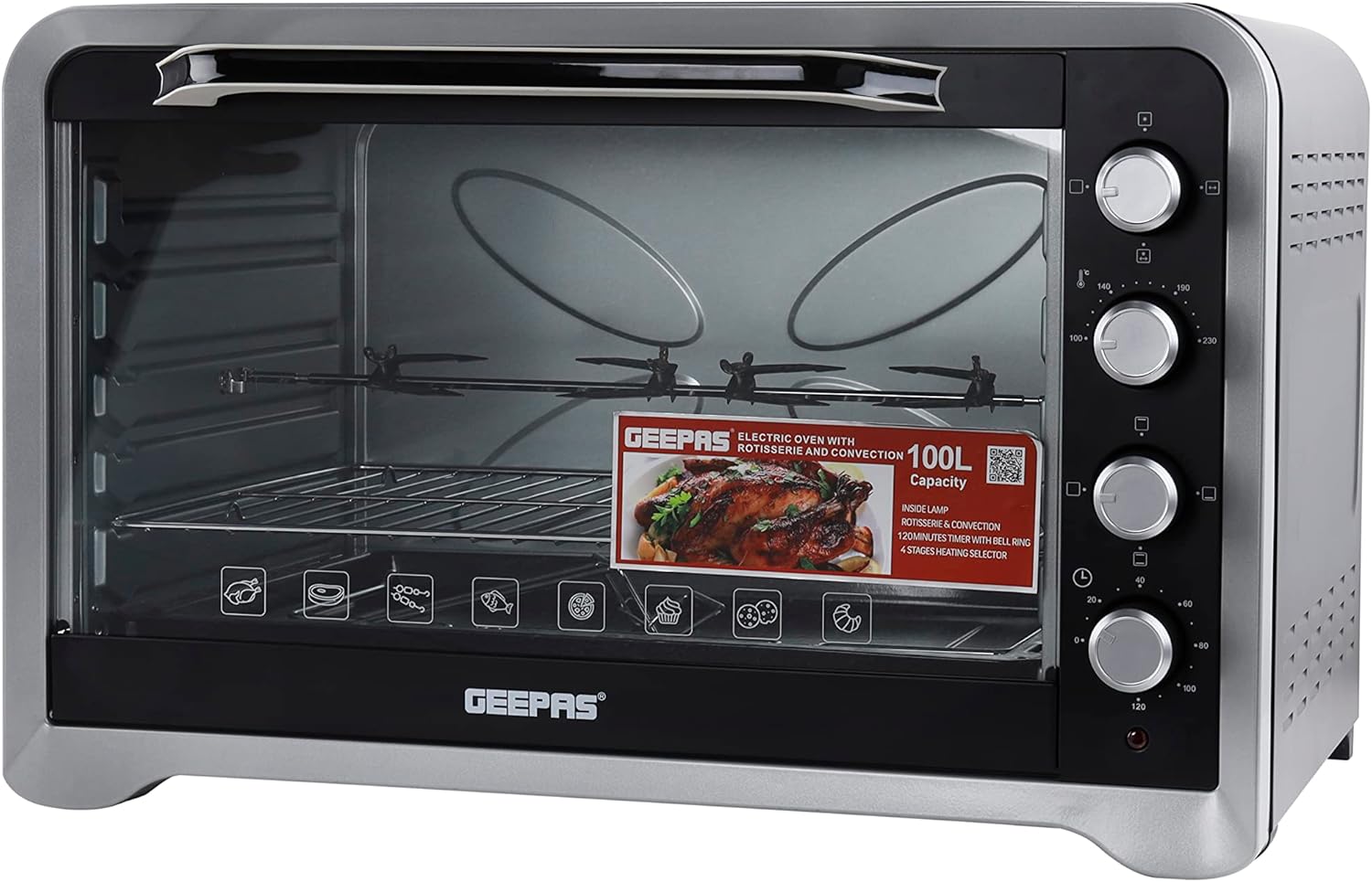 Geepas 100L Electric Oven with Rotisserie & Convection GO34027 - 2800W 4 Function, 4 Heat Selection with 120 Min Timer with Bell