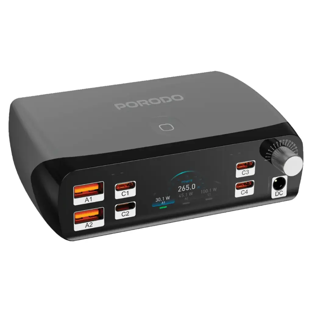 Porodo Powergate PD 100W Smart Charging Station 7 Ports GaN Technology with Smart Power Distribution & Universal Device Support / 2 USB-A Ports, 4 USB-C Ports & DC Port / Multi Device Charging - Black
