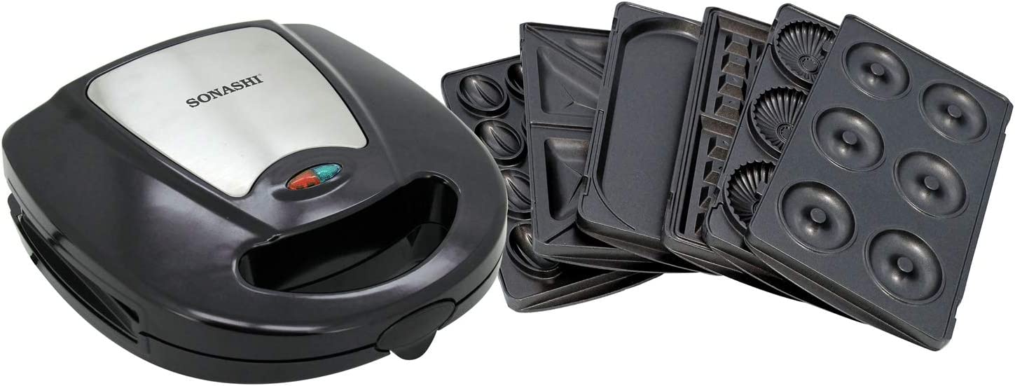 Sonashi 7-in-1 Multi Snack Maker SSM-862 - Detachable Sandwich, Grill, Donut, Waffle, Cupcake, Nutty, Omelet Making Plates