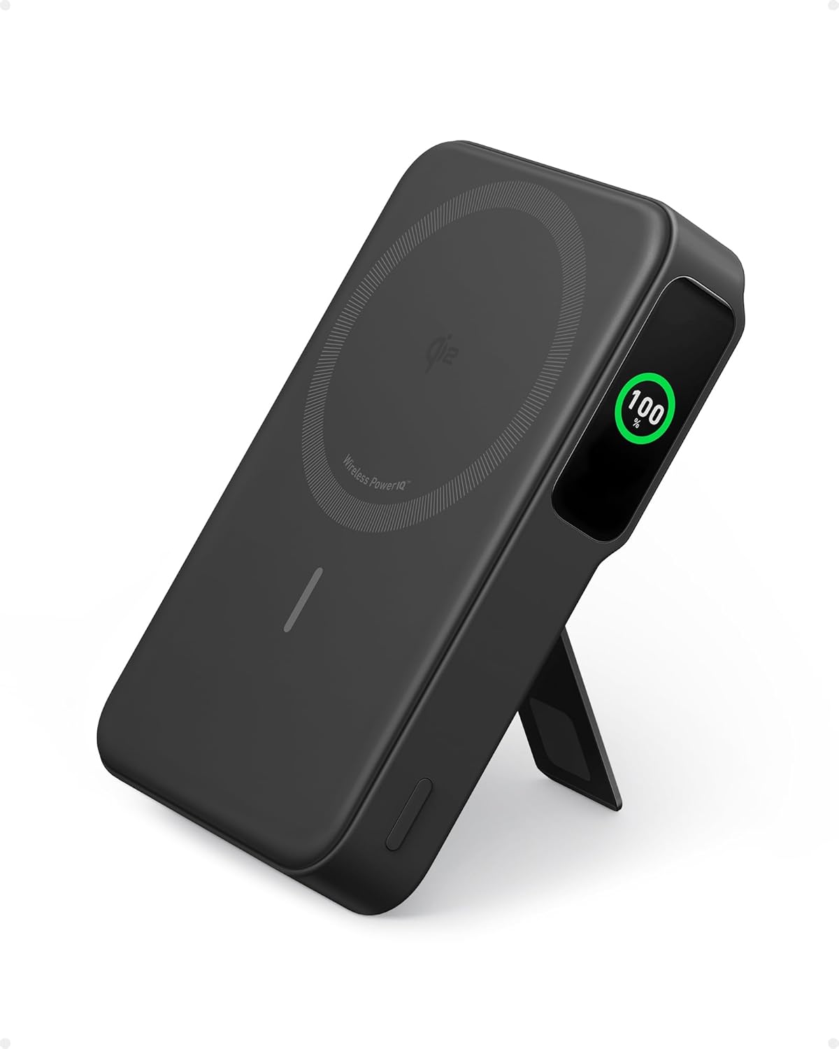Anker MagGo Power Bank, Qi2 Certified 15W Fast MagSafe Compatible Mobile Charger, 10,000mAh Battery, Smart Display & Foldable Stand