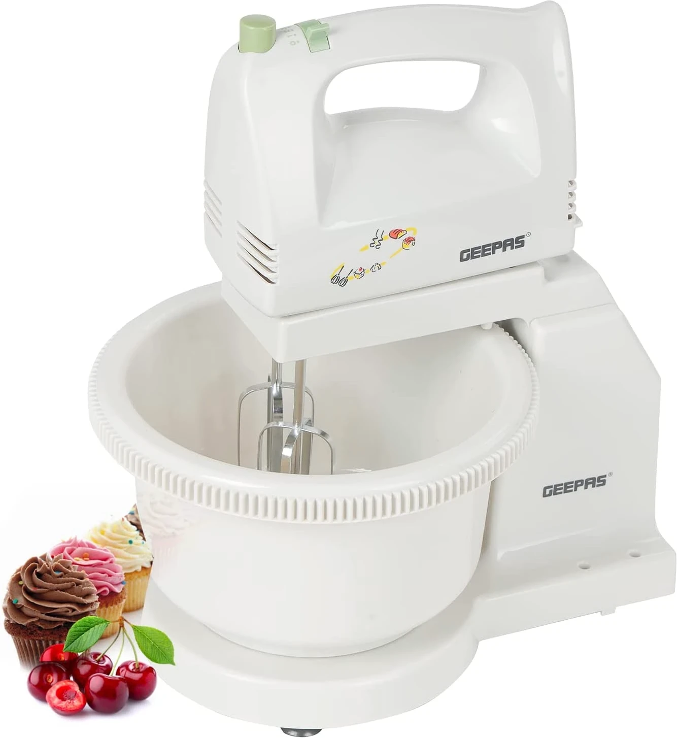 Geepas 250W Hand Mixer with Stand & Bowl - 5 Speed Controls with Detachable Stainless-Steel 2 Beater & 2 Dough Hooks