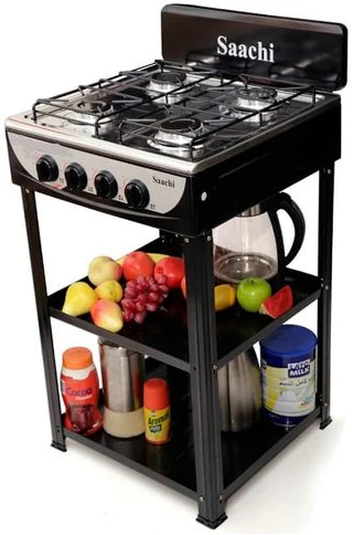 Saachi NL-GAS-5256 4 Burner Gas Stove Cooker with 2 Shelves Stands, Black