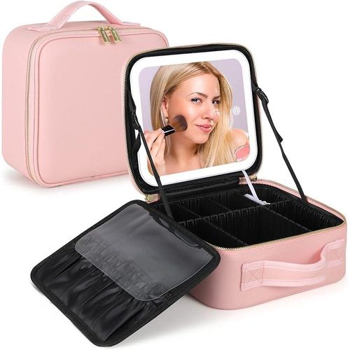 Pu Leather Makeup Bag Travel Makeup Bag With Full Screen Light Up Led Mirror Portable Cosmetic Train Case With Adjustable Dividers Makeup Organizer Bag With Adjustable Dividers Cosmetics Storage Box F