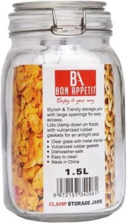 1.5Litre Glass Clip Jar, Cereal Food Cookie Storage Tin, Colourless