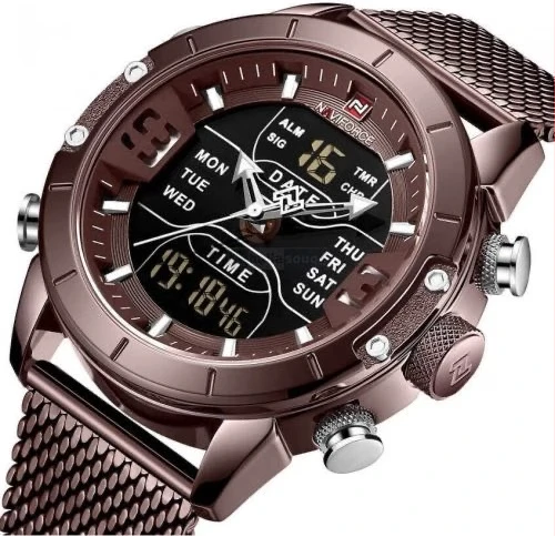 Naviforce Stainess Steel Digital And Analog Dual Watch - Brown