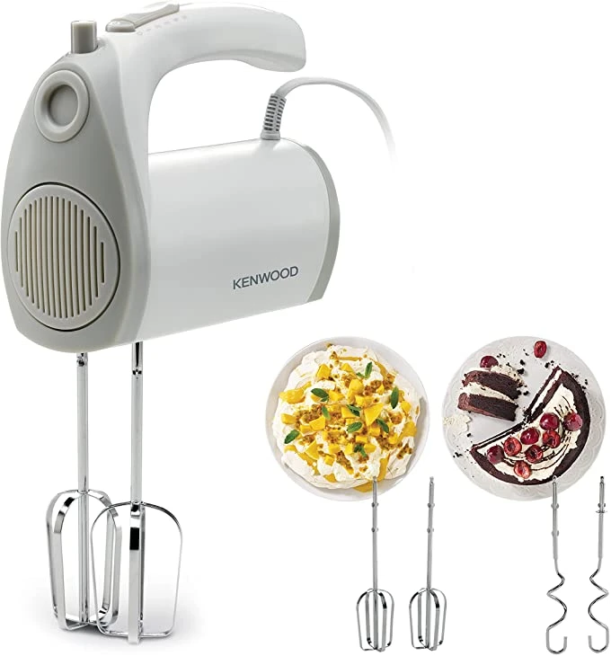 Kenwood Hand Mixer (Electric Whisk) 300W with 5 Speeds + Turbo Button, Twin Stainless Steel Kneader and Beater for Mixing, Whipping, Whisking, Kneading HMP20 White
