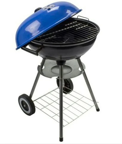 Portable Metal Kettle Trolley Barbecue Wood Charcoal Grill, Blue