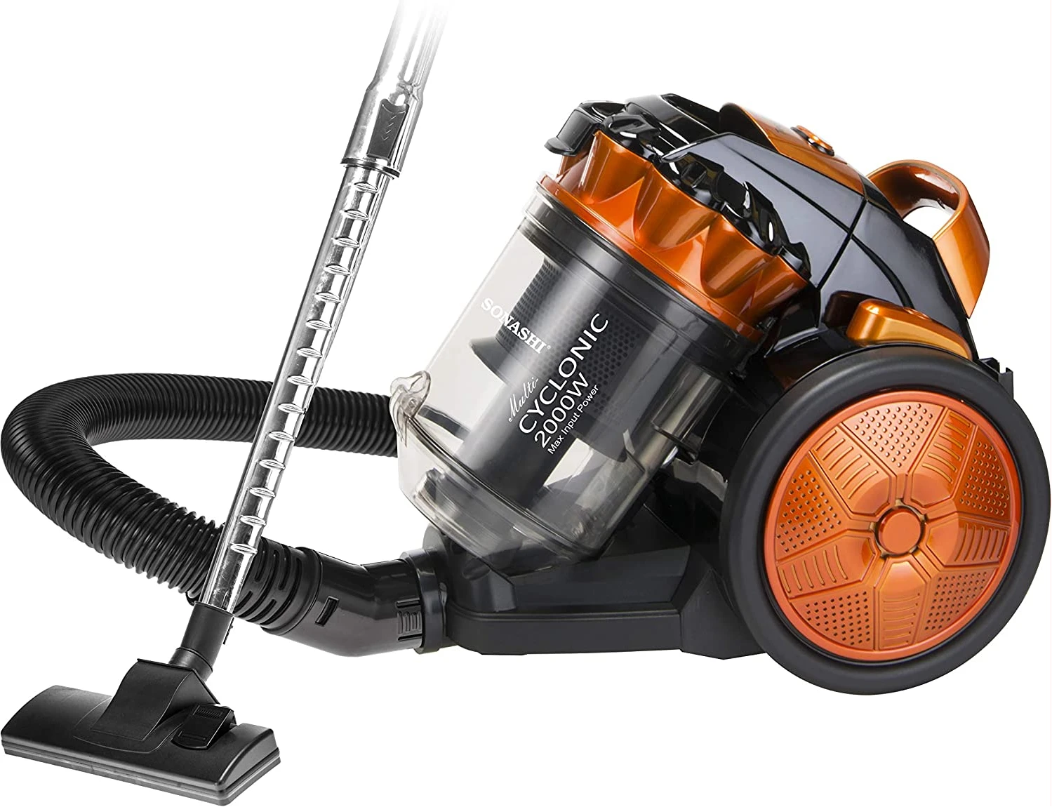Sonashi Cyclone Vacuum Cleaner [Black-Orange] SVC-9028- 1200W Vacuum Cleaning Machine w/ Metal Telescopic Tube, Speed Control, Low Noise