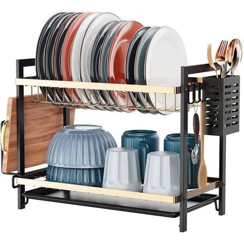 2 Tier Dish Drying Rack Bowl Plate Drainer With Drip Tray, Sink Draining Board Utensil & Cutting Board.