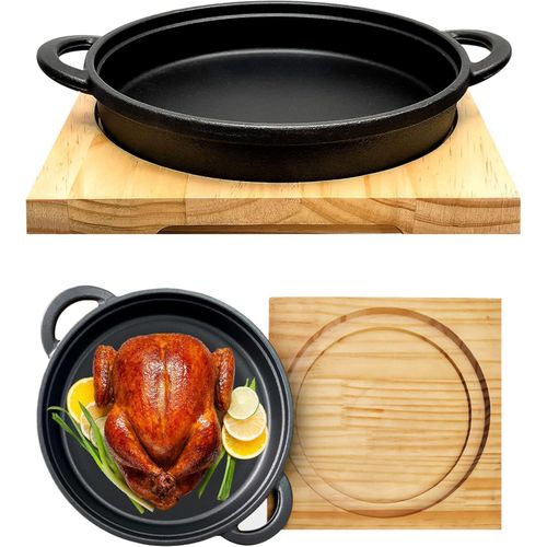 Crystals Cast Iron Cookware Frying Pan Grill Backing Pot Skillet Plate with Wood Serving Board (26 cm) Cast Iron Steak Sizzler Pan Backing Pot Skillet Grill Wood Serving Board Platter
