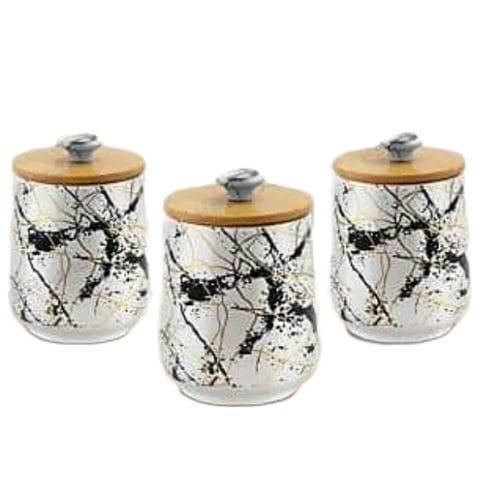 Set of 3 Marble Kitchen Canisters With Bamboo Lids Ceramic Food Storage Jars- Multicolor
