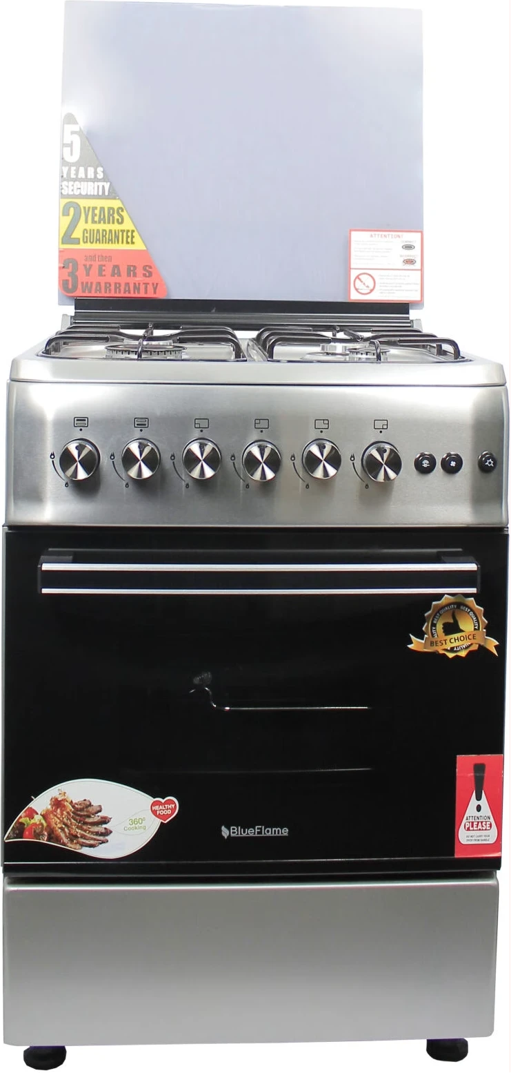 Blueflame Full Gas Cooker 60 by 60 cm S6040GRFP With Gas Oven & Grill, Turbo Fan, Automatic Ignition, Rotisserie, Glass Cover, Oven lamp - Inox