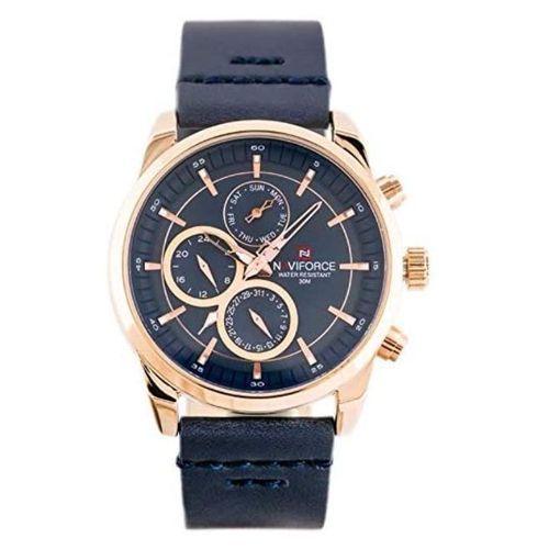 Naviforce Men's Designer Leather Strap Watch - Blue, Gold
