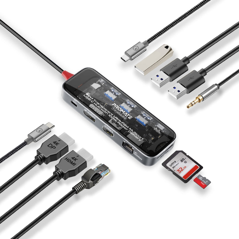 Promate USB-C Hub, 11-in-1 Multi-Display Hub with Dual 4K HDMI, 4K DisplayPorts, Ultra-Fast 1000Mbps LAN, AUX, SD/TF Card Slot, USB Ports, Efficient 100W USB-C™ Power Delivery, TransHub-Pro