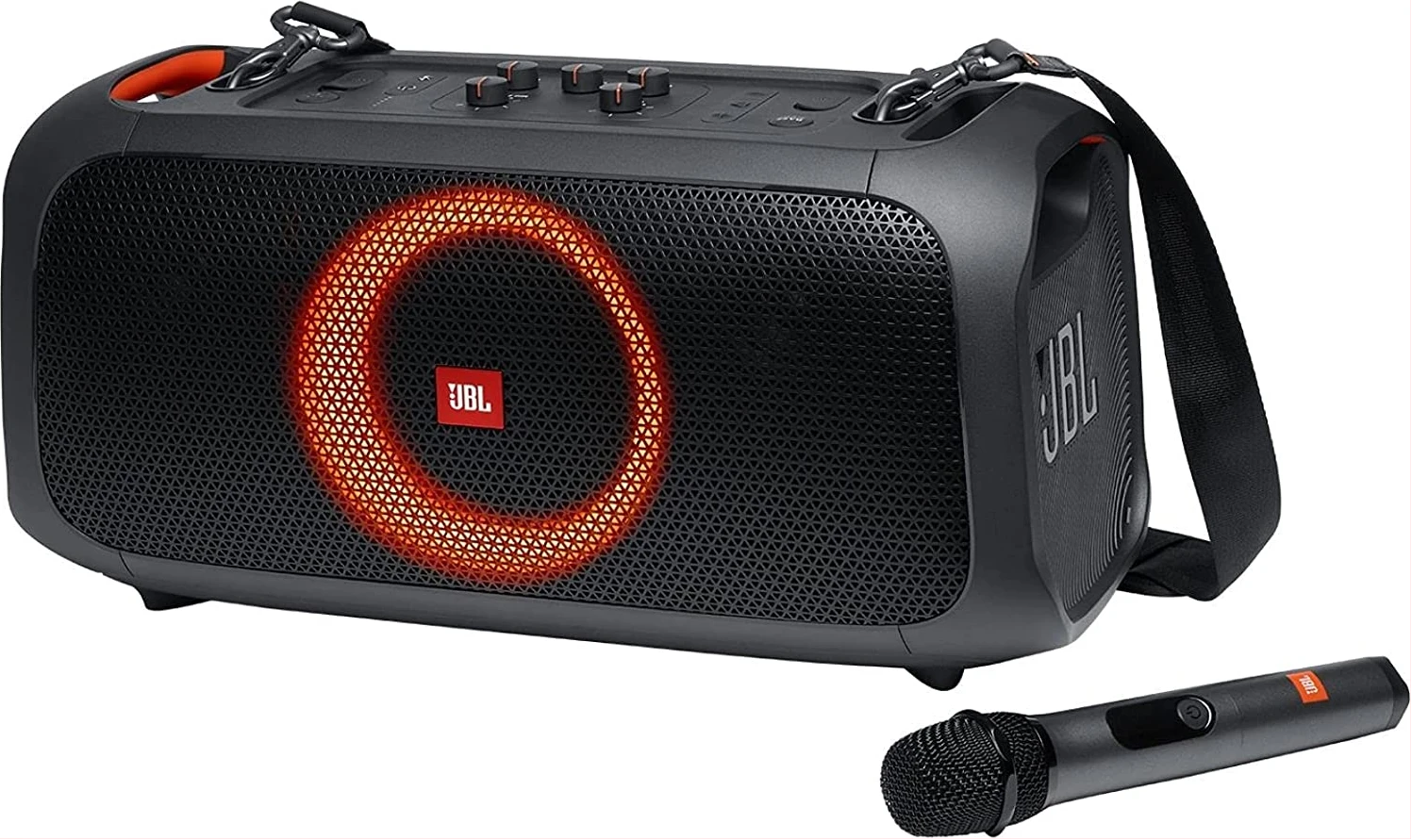 JBL PartyBox On-The-Go Portable Karaoke Party Speaker with Wireless Microphone, 100W Power Output, IPX4 Splashproof, 6 Playtime Hours, Shoulder Strap and Wireless 2 Party Speakers Pairing (Black)